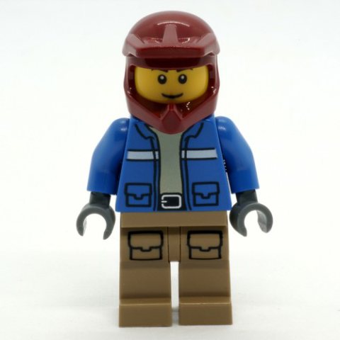 Minifigurka LEGO Man, Blue Jacket, Dark Red Dirt Bike Helmet, Smile