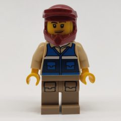 Minifigurka LEGO Man, Blue Vest, Dark Red Dirt Bike Helmet, Stubble Beard