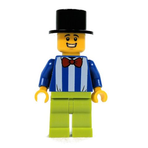 Minifigurka LEGO Blue Torso with White Stripes, Lime Legs, Black Top Hat