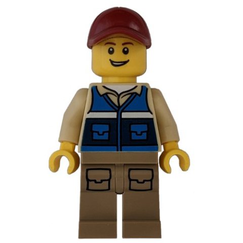 Minifigurka LEGO Man, Blue Vest, Dark Tan Legs, Dark Red Cap