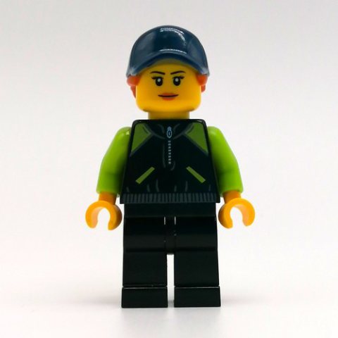 Minifigurka LEGO Black Torso, Lime Arms, Black Legs, Dark Blue Cap