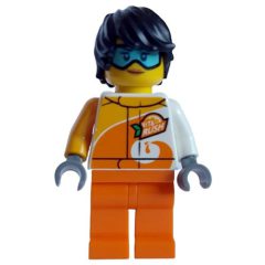 Minifigurka LEGO White/Orange Torso, Orange Legs, Black Hair, Goggles