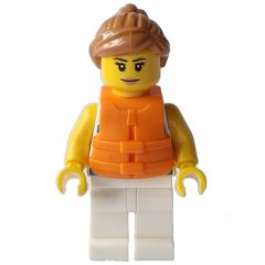 Minifigurka LEGO Woman, Blue Striped Shirt, White Legs, Orange Life Vest