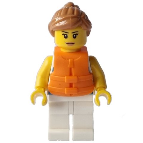 Minifigurka LEGO Woman, Blue Striped Shirt, White Legs, Orange Life Vest