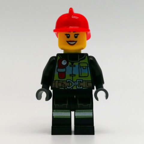 Minifigurka LEGO Fire Fighter - Black Torso, Black Legs, Red Helmet, Female