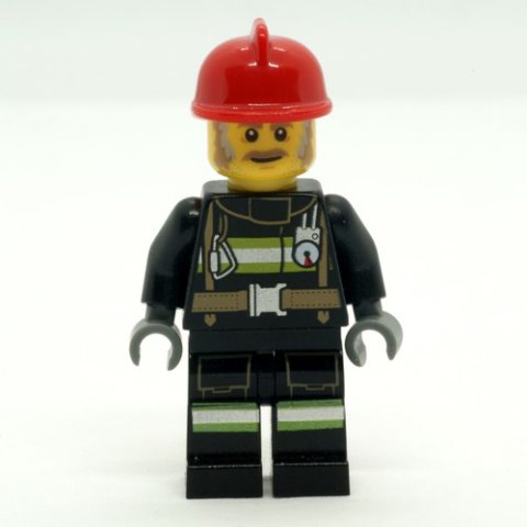 Minifigurka LEGO Fire Fighter - Black Torso, Black Legs, Red Helmet, Dark Tan Beard