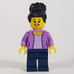 Minifigurka LEGO Woman, Medium Lavender Cardigan, Dark Blue Legs