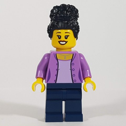 Minifigurka LEGO Woman, Medium Lavender Cardigan, Dark Blue Legs