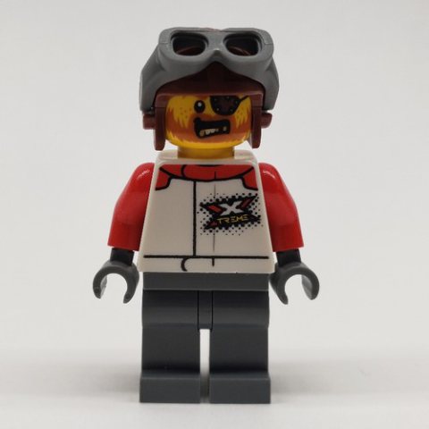 Minifigurka LEGO Stunt Rider, White Race Jacket, Dark Bluish Gray Legs, Reddish Brown Helmet