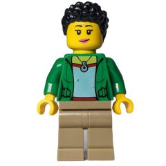 Minifigurka LEGO Woman, Open Green Jacket, Dark Tan Legs, Black Hair