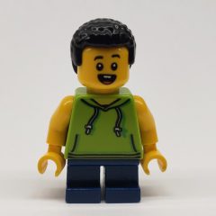 Minifigurka LEGO Boy, Lime Hoodie, Short Dark Blue Legs