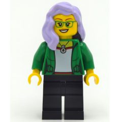Minifigurka LEGO Woman, Open Green Jacket, Black Legs, Lavender Hair