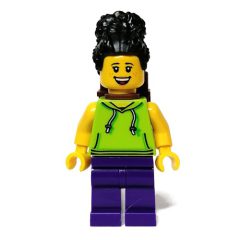 Minifigurka LEGO Woman, Lime Torso, Dark Purple Legs, Black Hair