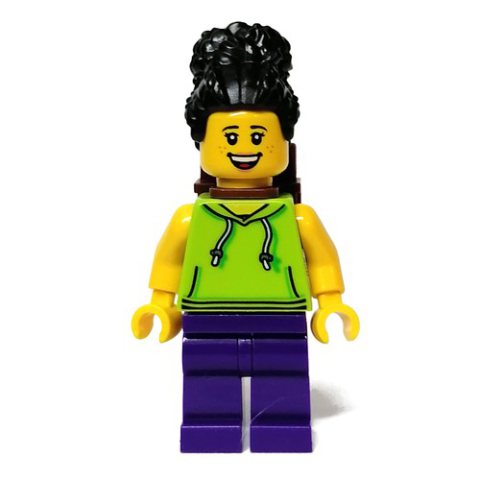 Minifigurka LEGO Woman, Lime Torso, Dark Purple Legs, Black Hair