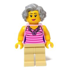 Minifigurka LEGO Woman, Bright Pink Torso, Tan Legs, Light Bluish Grey Hair