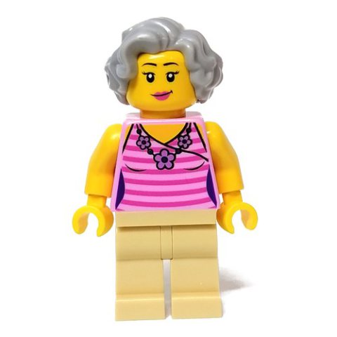 Minifigurka LEGO Woman, Bright Pink Torso, Tan Legs, Light Bluish Grey Hair