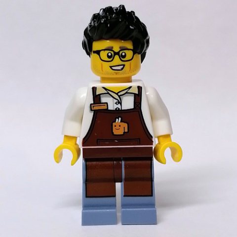 Minifigurka LEGO Barista, Reddish Brown Apron, Sand Blue Legs, Black Hair