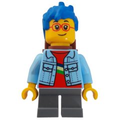 Minifigurka LEGO Boy, Bright Light Blue Jacket, Blue Hair, Reddish Brown Backpack