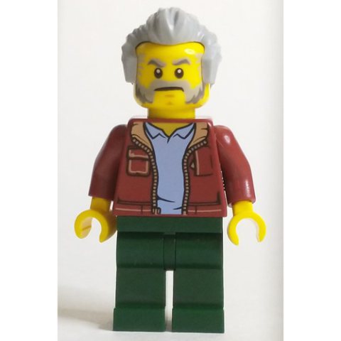 Minifigurka LEGO Man, Dark Red Jacket, Dark Green Legs, Light Bluish Gray Hair and Beard
