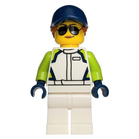 Minifigurka LEGO Racer, White Race Suit, Dark Blue Cap, Sunglasses