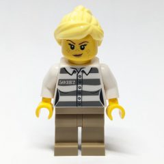 Minifigurka LEGO Criminal, Prison Shirt, Dark Tan Legs, Bright Light Yellow Hair