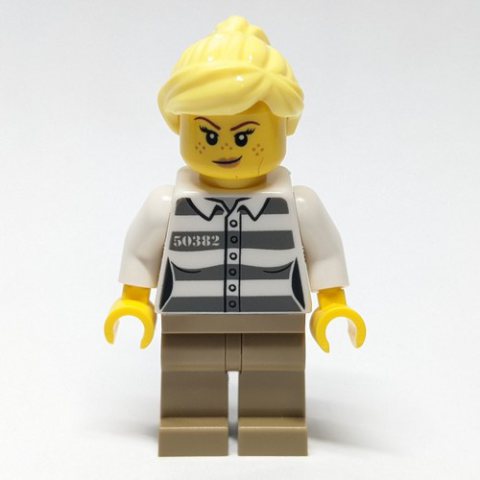 Minifigurka LEGO Criminal, Prison Shirt, Dark Tan Legs, Bright Light Yellow Hair