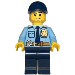 Minifigurka LEGO Policeman, Bright Light BLue Shirt, Dark Blue Legs and Cap, Stubble