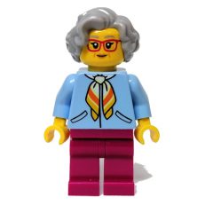 Minifigurka LEGO Woman, Bright Light Blue Jacket, Magenta Legs, Light Bluish Gray Hair, Red Glasses