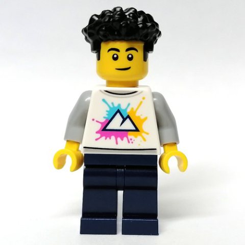 Minifigurka LEGO Man, White Shirt, Dark Blue Legs, Black Hair