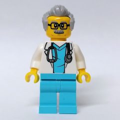 Minifigurka LEGO Doctor, White Coat, Medium Azure Scrubs, Light Bluish Gray Hair, Glasses