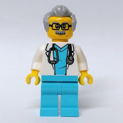 Minifigurka LEGO Doctor, White Coat, Medium Azure Scrubs, Light Bluish Gray Hair, Glasses