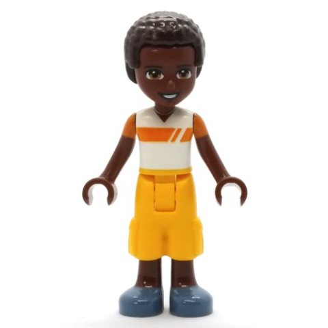 Minifigurka LEGO Elijah - White/Orange Shirt, Bright Light Orange Pants, Dark Brown Hair