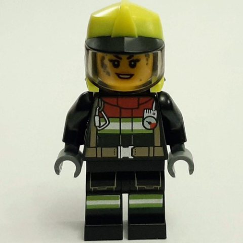 Minifigurka LEGO Firefighter, Black Fire Suit, Vibrant Yellow Helmet, Dirty Face