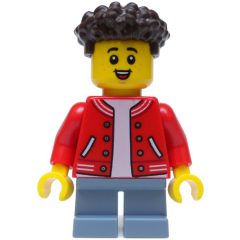 Minifigurka LEGO Boy, Red Jacket, Short Sand Blue Legs, Dark Brown Hair