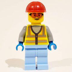 Minifigurka LEGO Man, Vibrant Yellow Safety Vest, Bright Light Blue Legs, Red Hard Hat