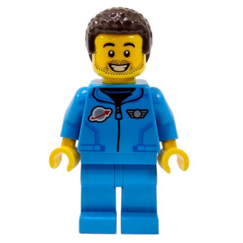 Minifigurka LEGO Man, Dark Azure Tracksuit with Classic Space Logo, Dark Brown Hair, Stubble