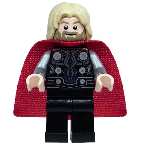 Minifigurka LEGO Thor, Tan Hair, Black Armor, Red Cape