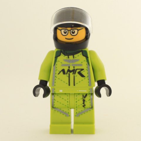 Minifigurka LEGO Race Driver, Lime Racing Suit, Black Helmet, Glasses