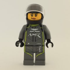 Minifigurka LEGO Race Driver, Dark Bluish Gray Racing Suit with Lime Trim, Black Helmet
