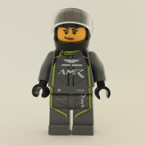 Minifigurka LEGO Race Driver, Dark Bluish Gray Racing Suit with Lime Trim, Black Helmet