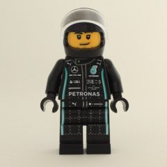 Minifigurka LEGO Race Driver, Black Racing Suit with Lime Trim, Black Helmet, Stubble