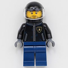 Minifigurka LEGO Race Driver, Black Racing Jacket, Dark Blue Legs, Black Helmet, Stubble