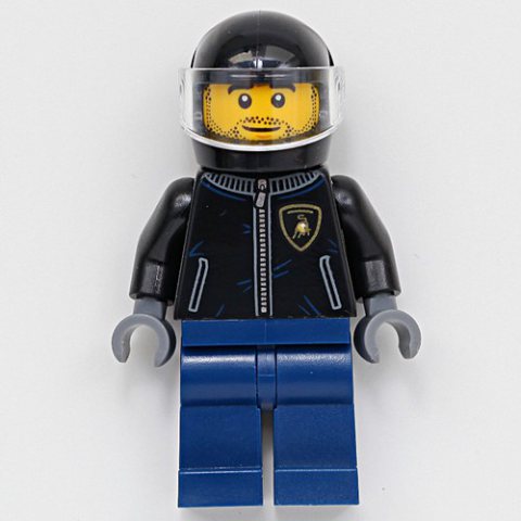 Minifigurka LEGO Race Driver, Black Racing Jacket, Dark Blue Legs, Black Helmet, Stubble