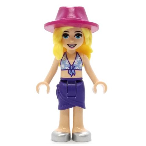 Minifigurka LEGO Stephanie - Bright Light Blue Bikini Top with White Flowers, Dark Purple Skirt, Magenta Hat