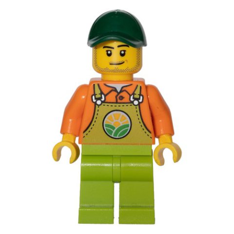 Minifigurka LEGO Orange Torso, Lime Overall, Dark Green Cap