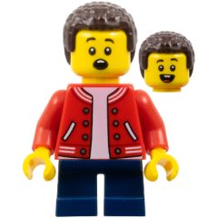 Minifigurka LEGO Boy, Red Letterman Jacket, Dark Blue Legs