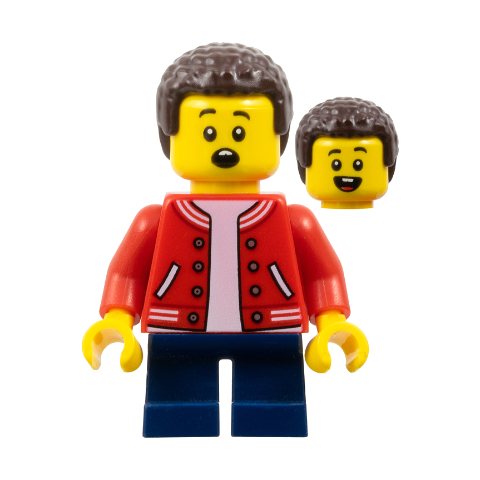 Minifigurka LEGO Boy, Red Letterman Jacket, Dark Blue Legs