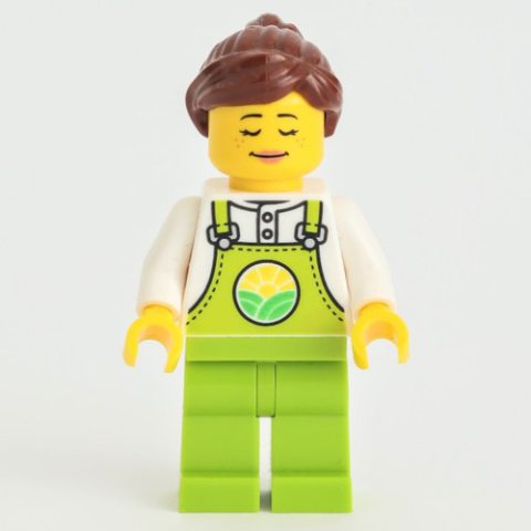 Minifigurka LEGO Farmer, Lime Overalls, Reddish Brown Ponytail