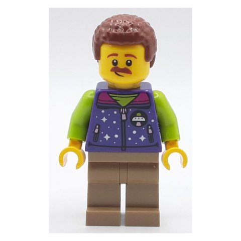 Minifigurka LEGO Man, Dark Purple Jacket, Lime Alien Hat