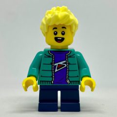 Minifigurka LEGO Boy, Dark Turquoise Jacket, Short Dark Blue Legs